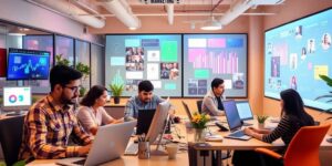 Digital marketing professionals collaborating in a modern office.
