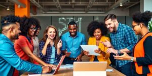 Diverse individuals collaborating in a digital marketing workspace.